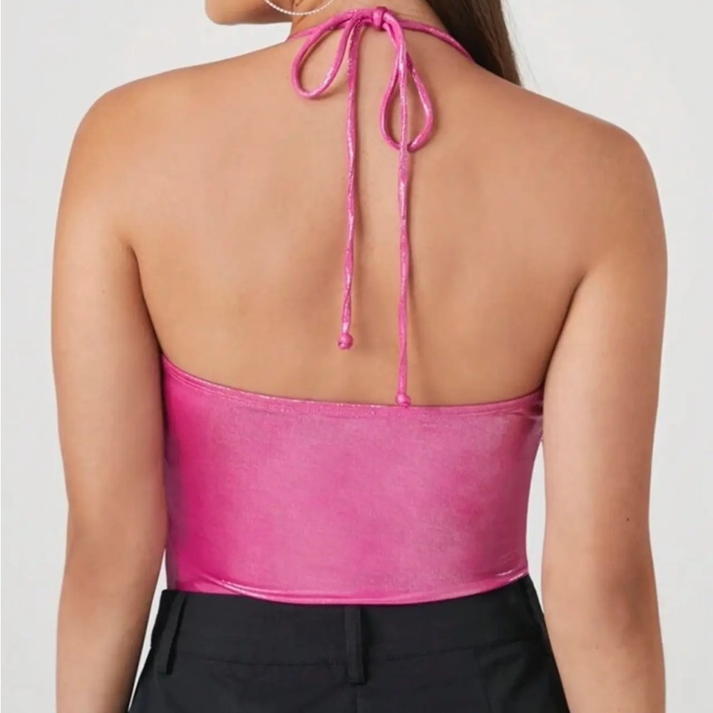 NWTS Forever 21 Fuchsia Metallic Cowl Neck Rhinestone Bodysuit Size XS - Picture 4 of 9